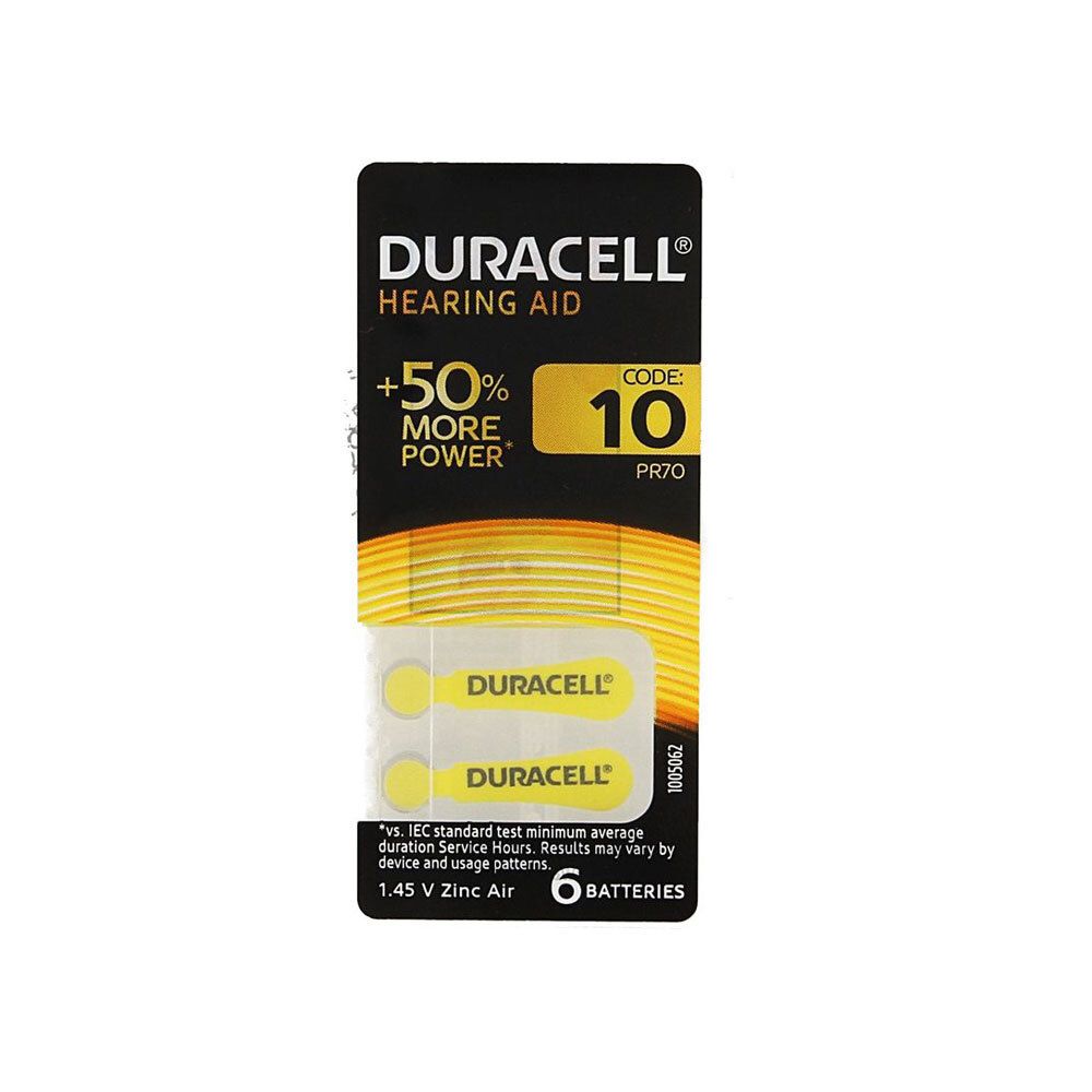 Piles auditives Duracell, Code 10, PR70. Paquet de 6 piles, 1.45V Zinc-Air.