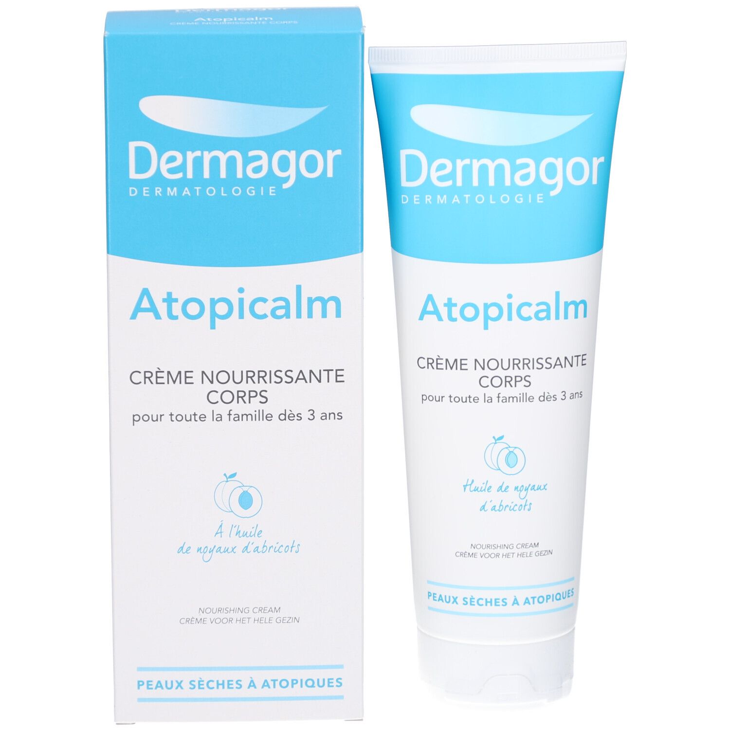 Emballage du produit: tube et boîte. Les deux affichent le logo et le nom du produit. Texte: Atopicalm, Crème Nourrissante Corps. Avec huile d'abricot.