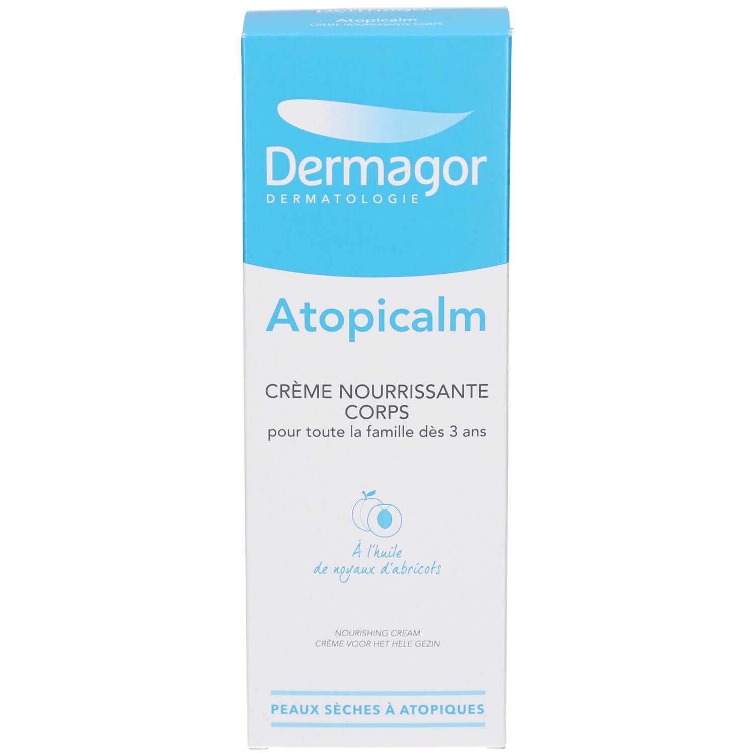 Emballage du produit: boîte avec logo et nom du produit. Texte: Atopicalm, Crème Nourrissante Corps. Avec huile d'abricot. Pour peaux sèches à atopiques.