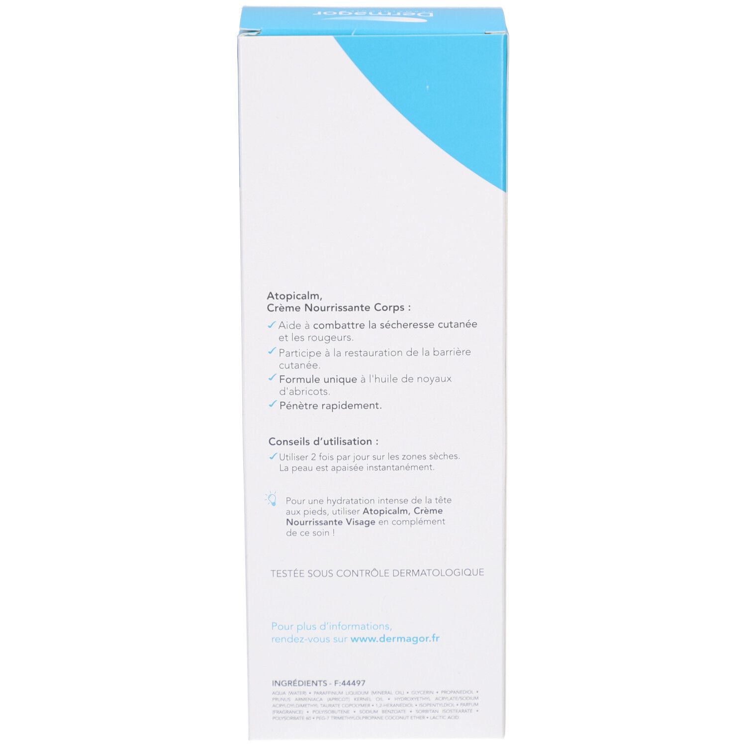 Côté de la boîte. Texte: Atopicalm, Crème Nourrissante Corps. Conseils d'utilisation. Testé dermatologiquement. Ingrédients.