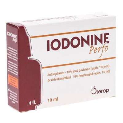 Boîte de IODONINE Perfo. Carton blanc avec accents marron. Inscription: IODONINE Perfo, 10 ml, Antiseptique.