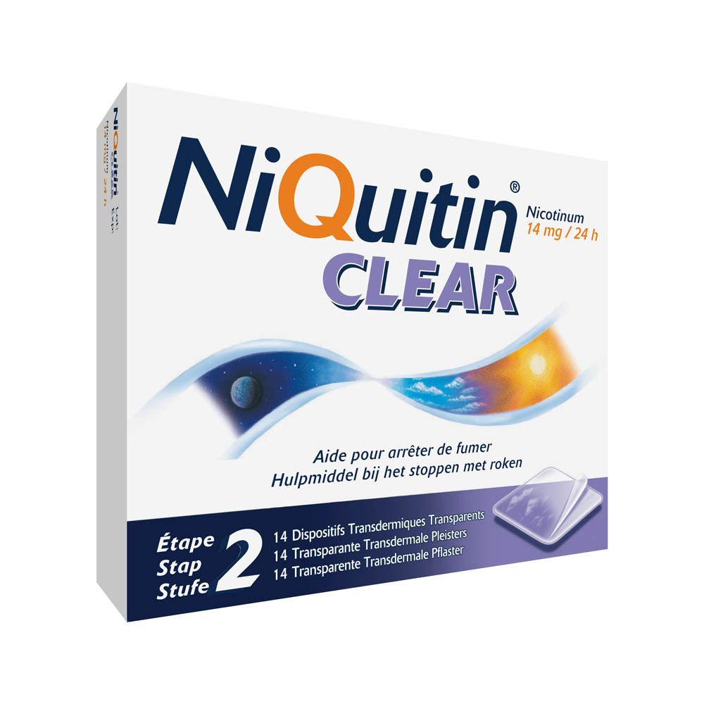 Doosje NiQuitin Clear. Bevat 14 pleisters. 14 mg/24 uur. Helpt bij het stoppen met roken.