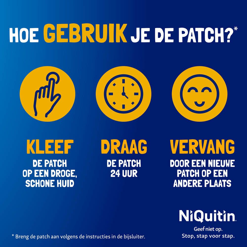 Hoe gebruik je de pleister: Plak op een droge, schone huid, draag 24 uur, vervang.