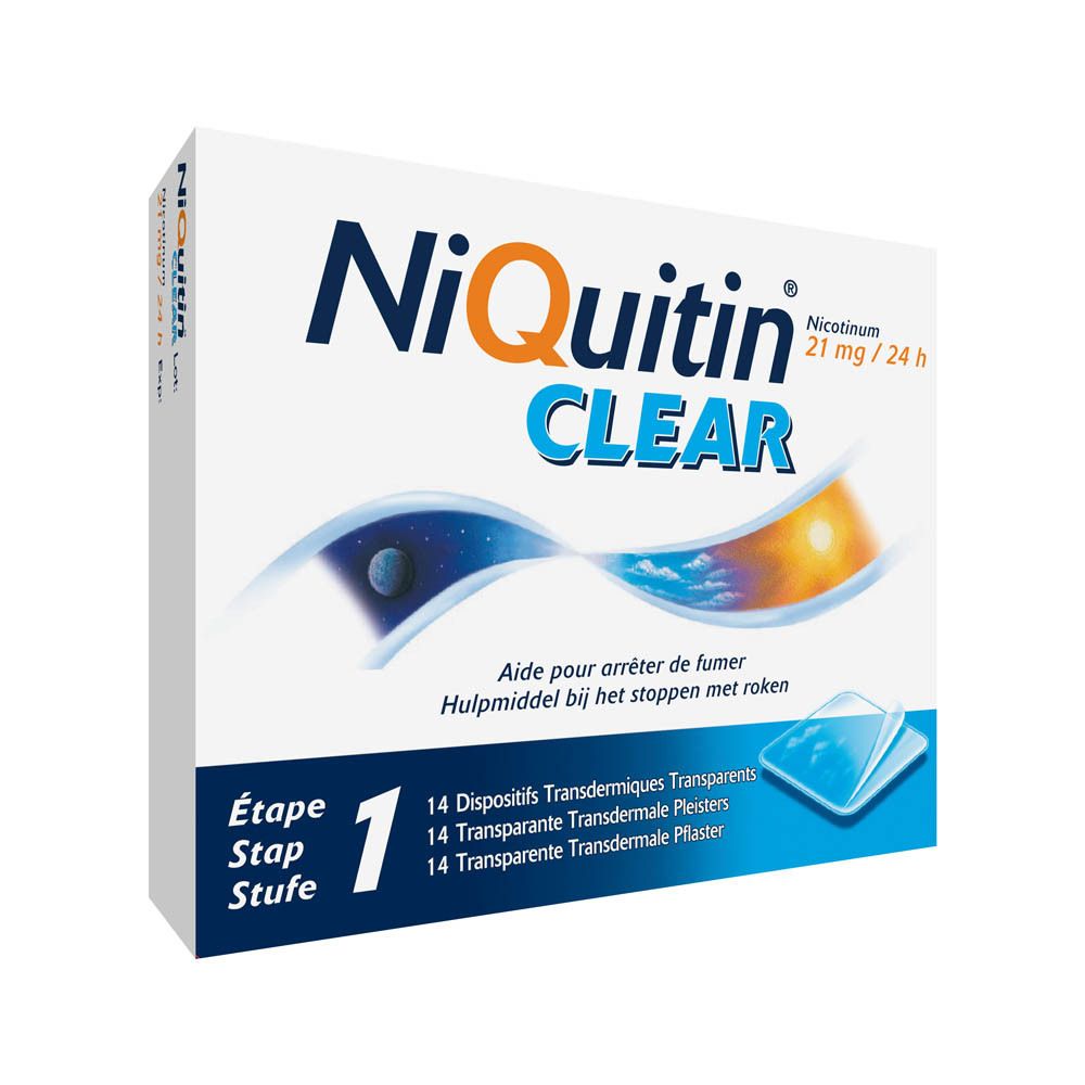 Boîte de NiQuitin Clear. Inscription : 21 mg/24 h, 14 patchs. Graphisme bleu et jaune.