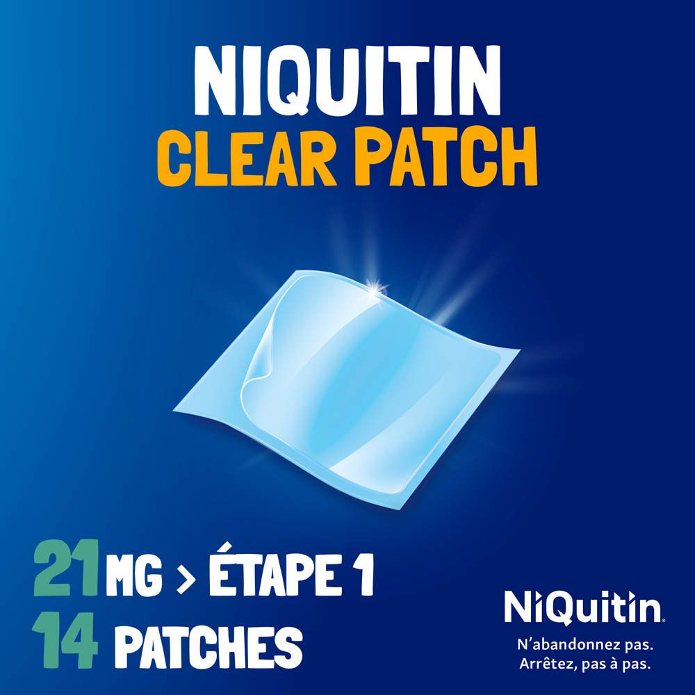 Image bleue avec NiQuitin Clear Patch. Texte : 21 mg, étape 1, 14 patchs. Logo NiQuitin.