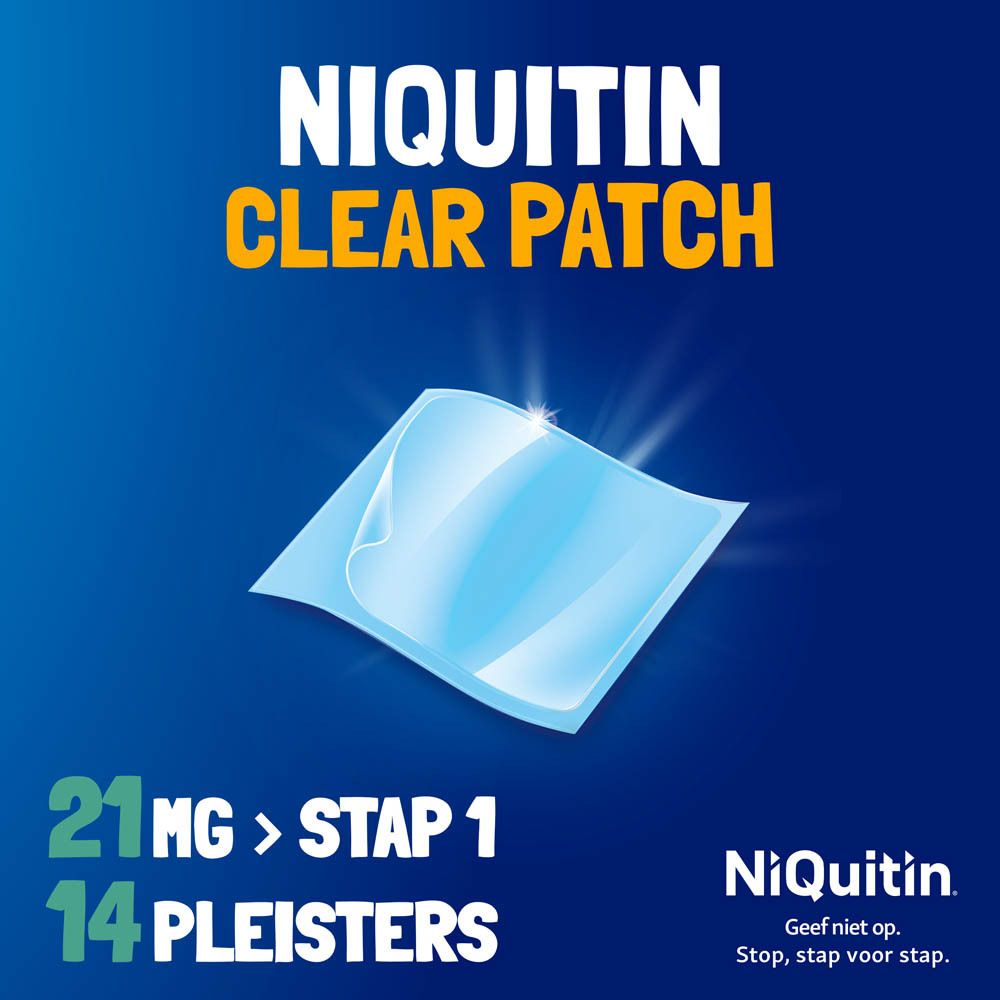 Blauw beeld met NiQuitin Clear Patch. Tekst: 21 mg, Stap 1, 14 pleisters. NiQuitin logo.