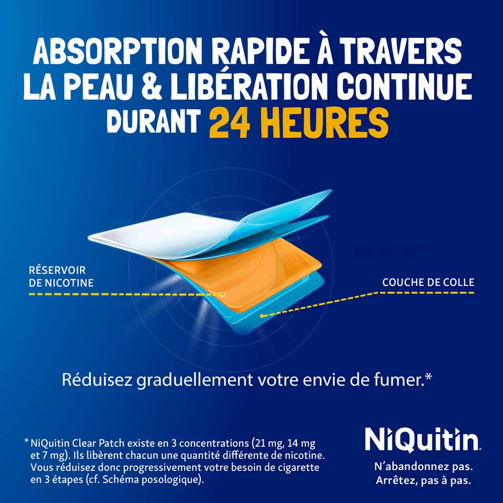 Représentation graphique du patch. Texte : Absorption rapide à travers la peau & libération continue durant 24 heures.