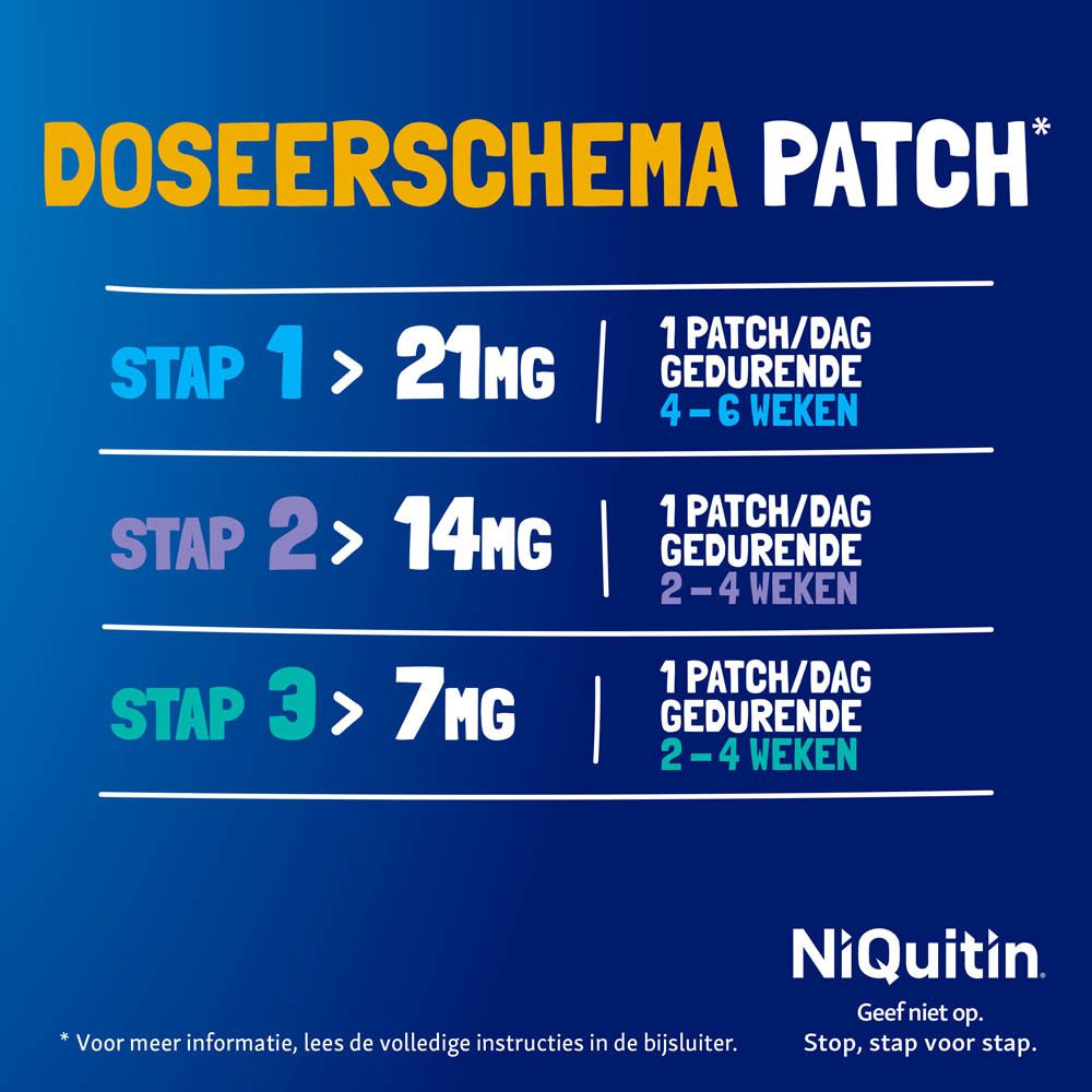 Grafiek met doseerschema voor pleisters. Tekst: Stap 1 > 21mg, Stap 2 > 14mg, Stap 3 > 7mg. NiQuitin logo.