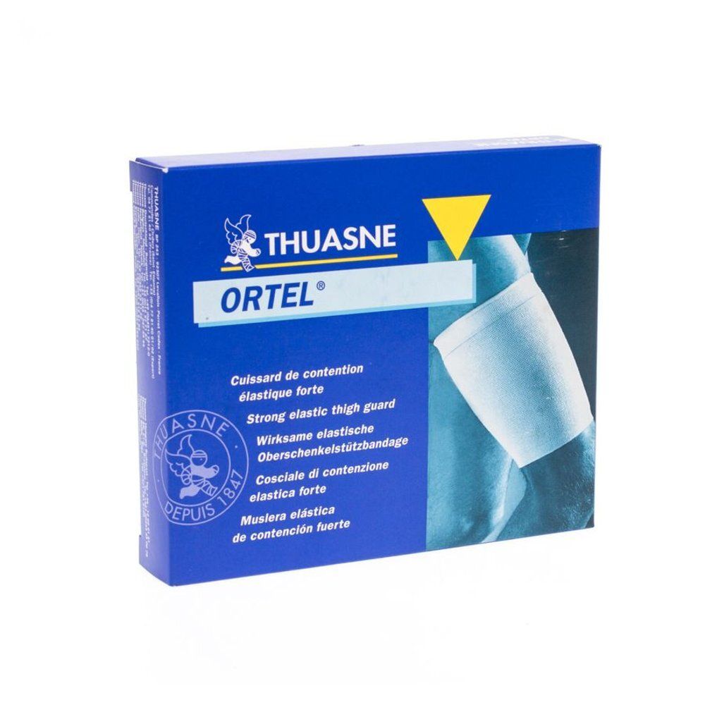 Blauw-witte verpakking. Opschrift: THUASNE, ORTEL. Productafbeelding: dijbeenbrace. Tekst in het Duits, Engels, Italiaans en Spaans.