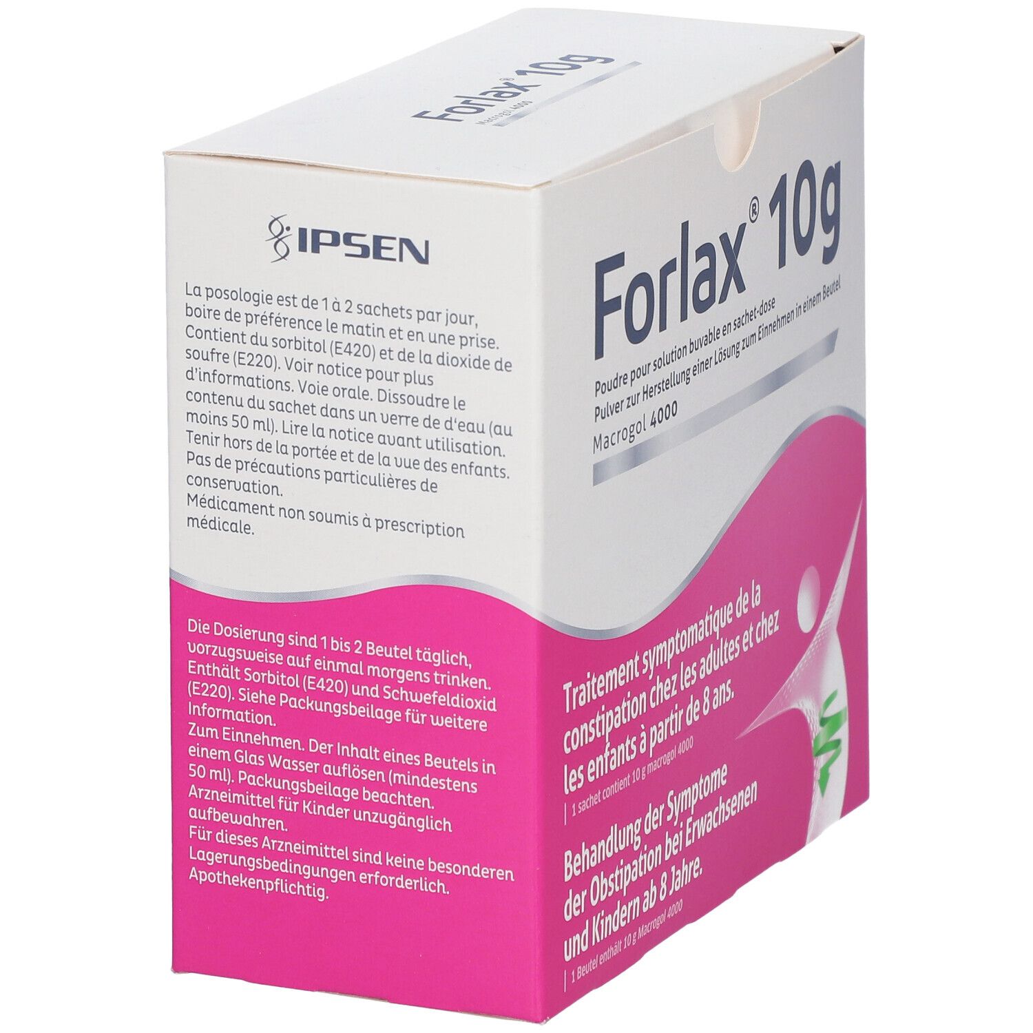 Doos Forlax 10g. Tekst in het Duits en Frans. Bevat doseer informatie. Roze en wit ontwerp. Merk IPSEN.