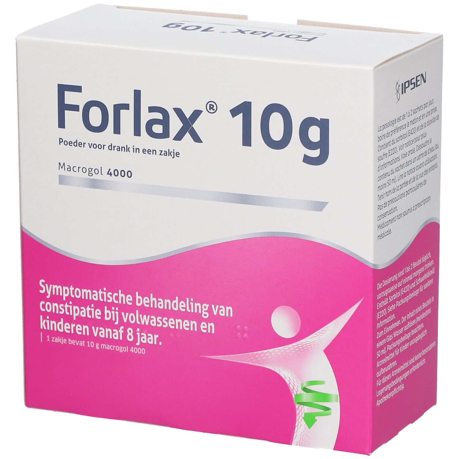 Doos Forlax 10g. Tekst in het Duits en Frans. Roze en wit ontwerp. Merk IPSEN. Bevat zakjes voor drank.