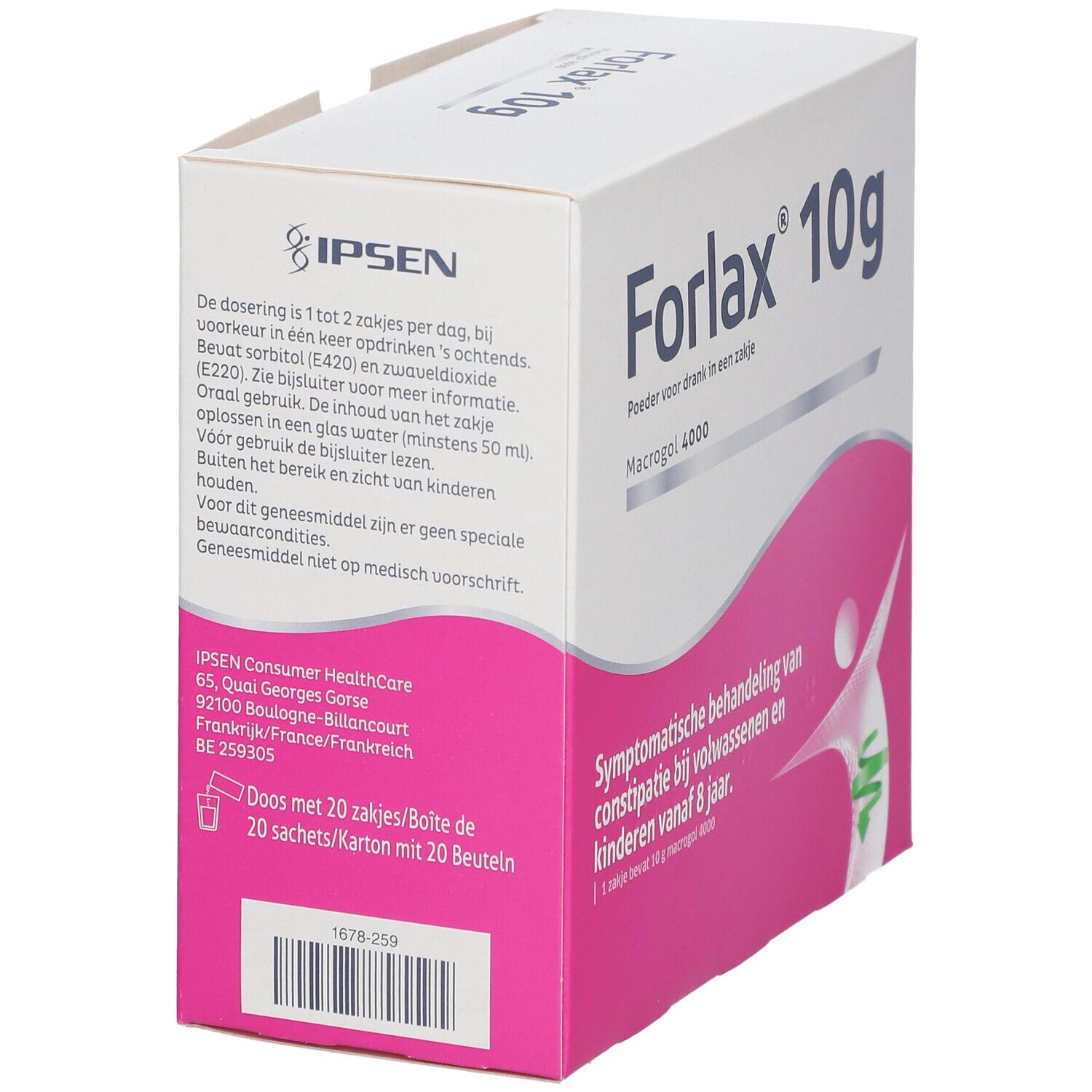 Doos Forlax 10g. Tekst in het Duits en Frans. Roze en wit ontwerp. Merk IPSEN. Bevat 20 zakjes.