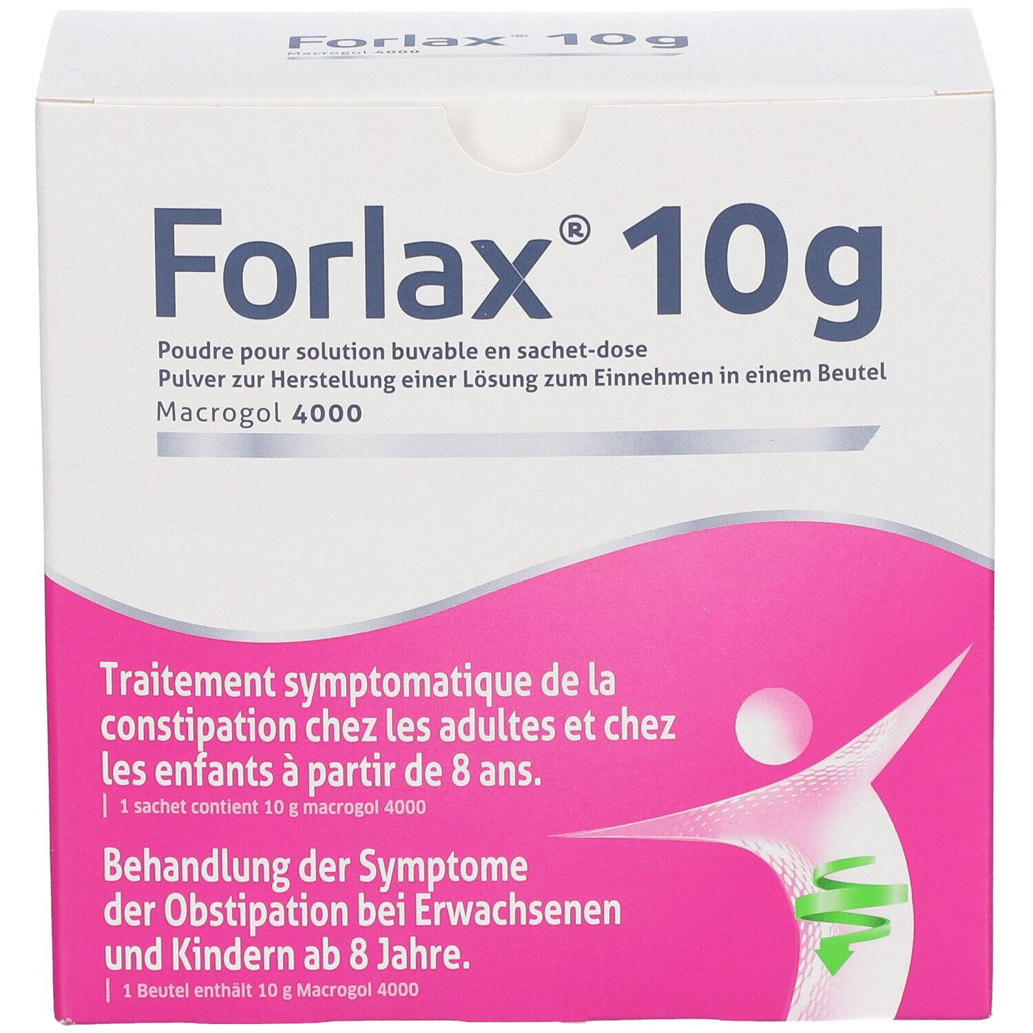 Doos Forlax 10g. Tekst in het Duits en Frans. Roze en wit ontwerp. Bevat zakjes voor drank. Merk IPSEN.
