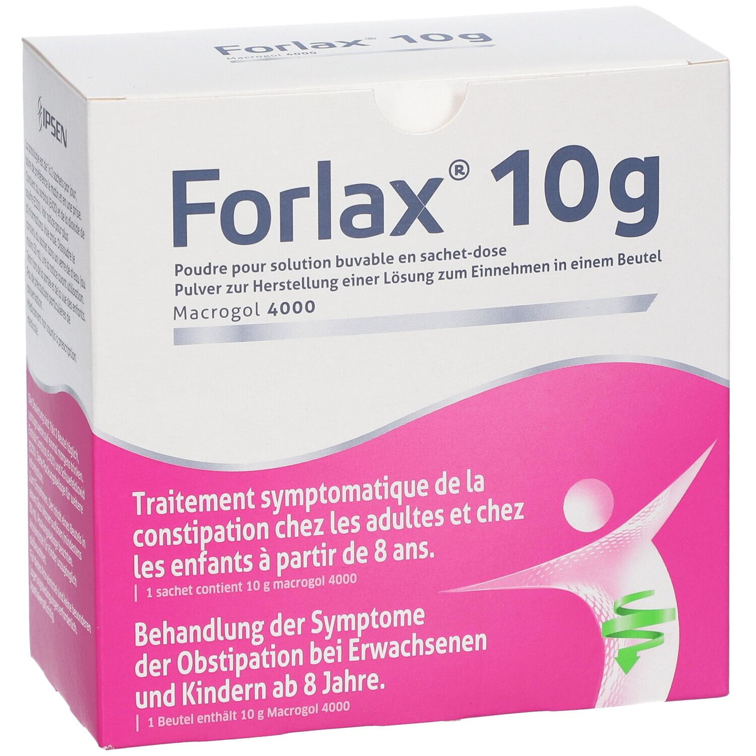 Doos Forlax 10g. Tekst in het Duits en Frans. Roze en wit ontwerp. Bevat zakjes voor drank. Merk IPSEN.