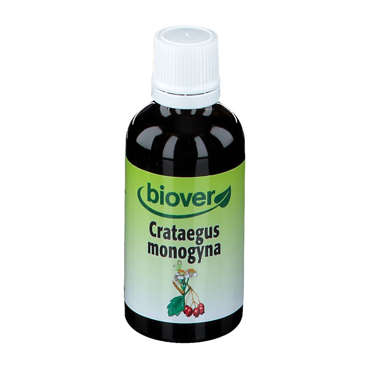 Liquide brun dans une bouteille à bouchon blanc. Inscription : Biover Crataegus monogyna.