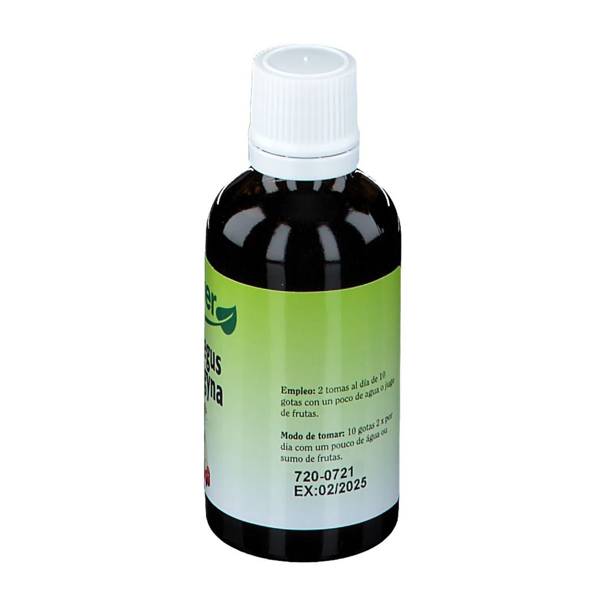 Bouteille de liquide brun avec bouchon blanc. Inscription : Biover Crataegus monogyna. Mode d'emploi.