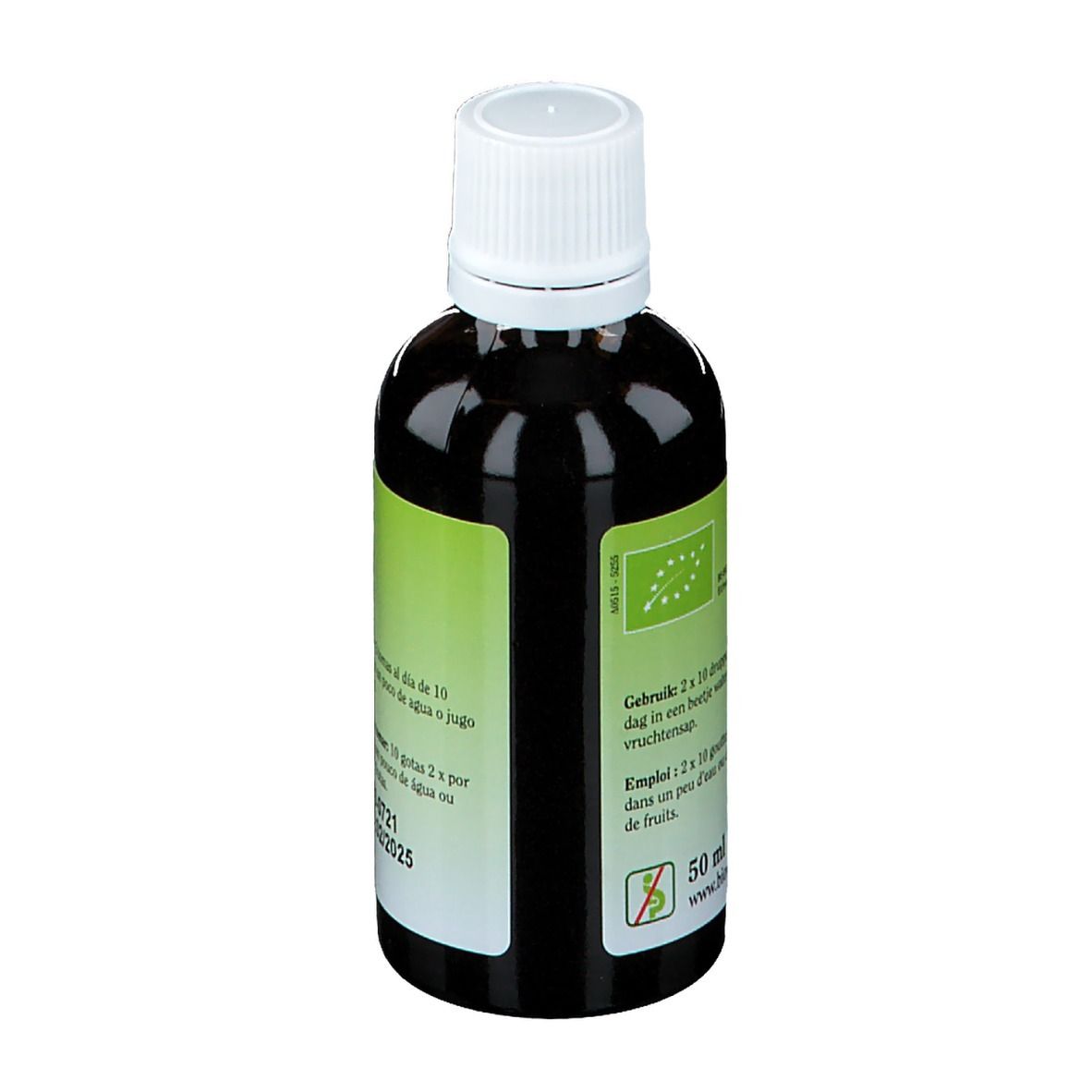 Bouteille de liquide brun avec bouchon blanc. Inscription : Biover Crataegus monogyna. Avec certification bio.