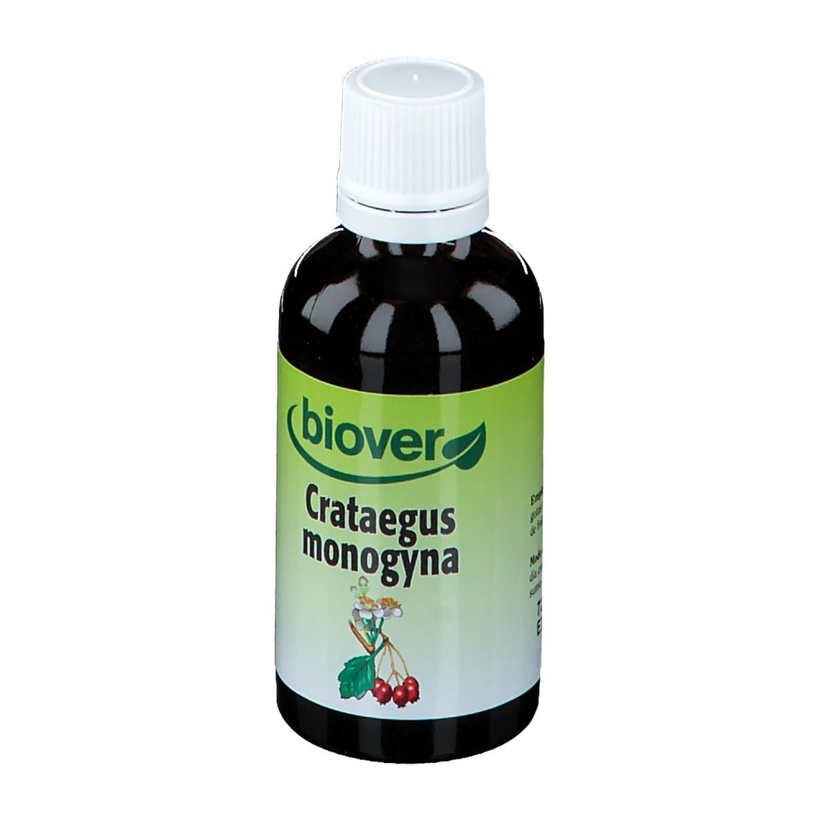 Liquide brun dans une bouteille à bouchon blanc. Inscription : Biover Crataegus monogyna. Avec illustration.