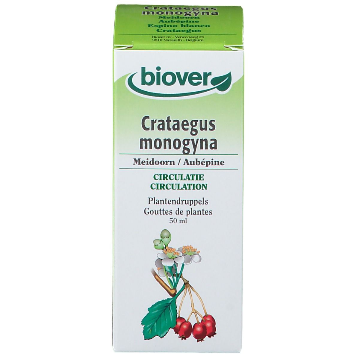 Boîte. Inscription : Biover Crataegus monogyna. Avec illustration. 50 ml.