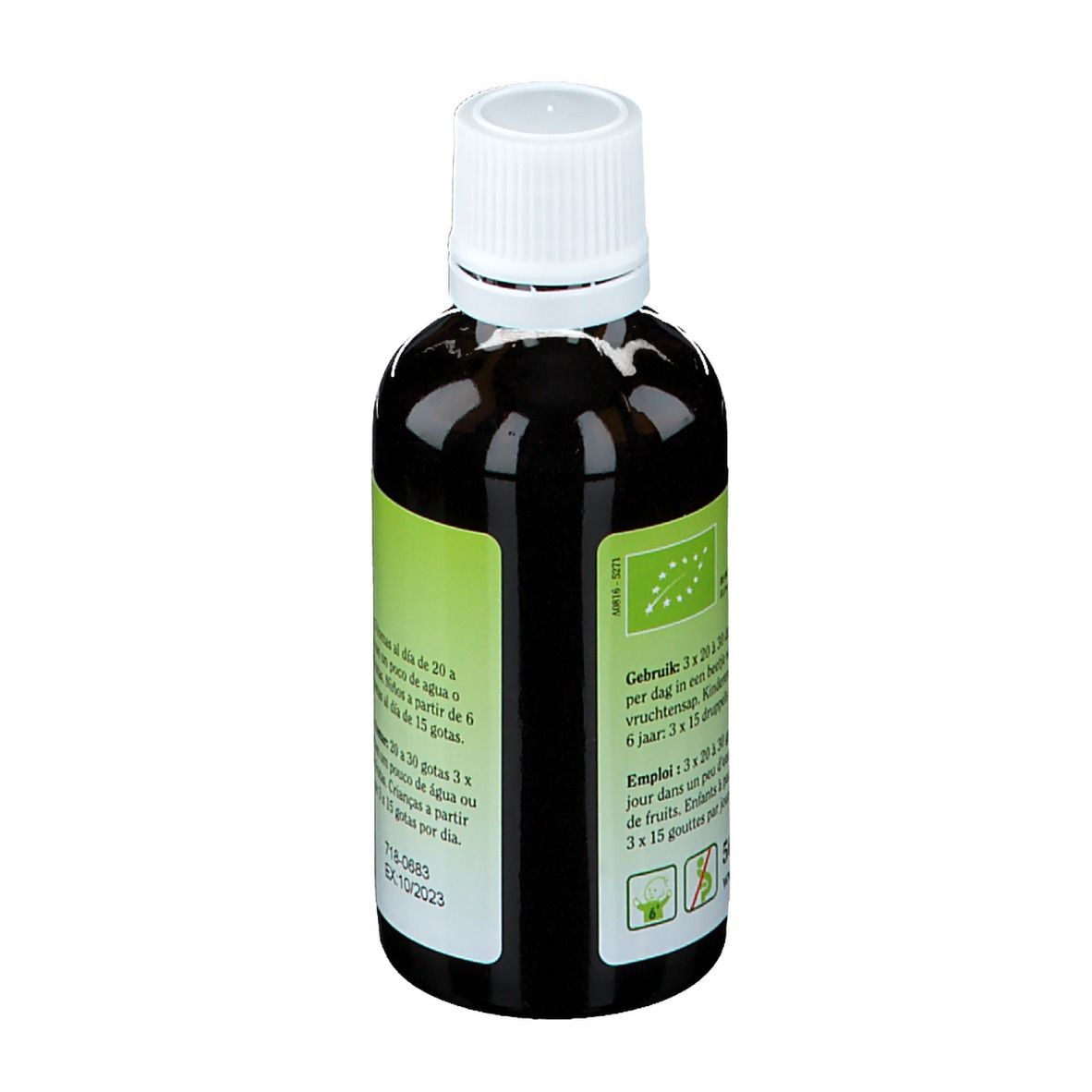 Bruine glazen fles met witte dop. Etiket met productinformatie en kamillebloem-illustratie. Merk: Biover.