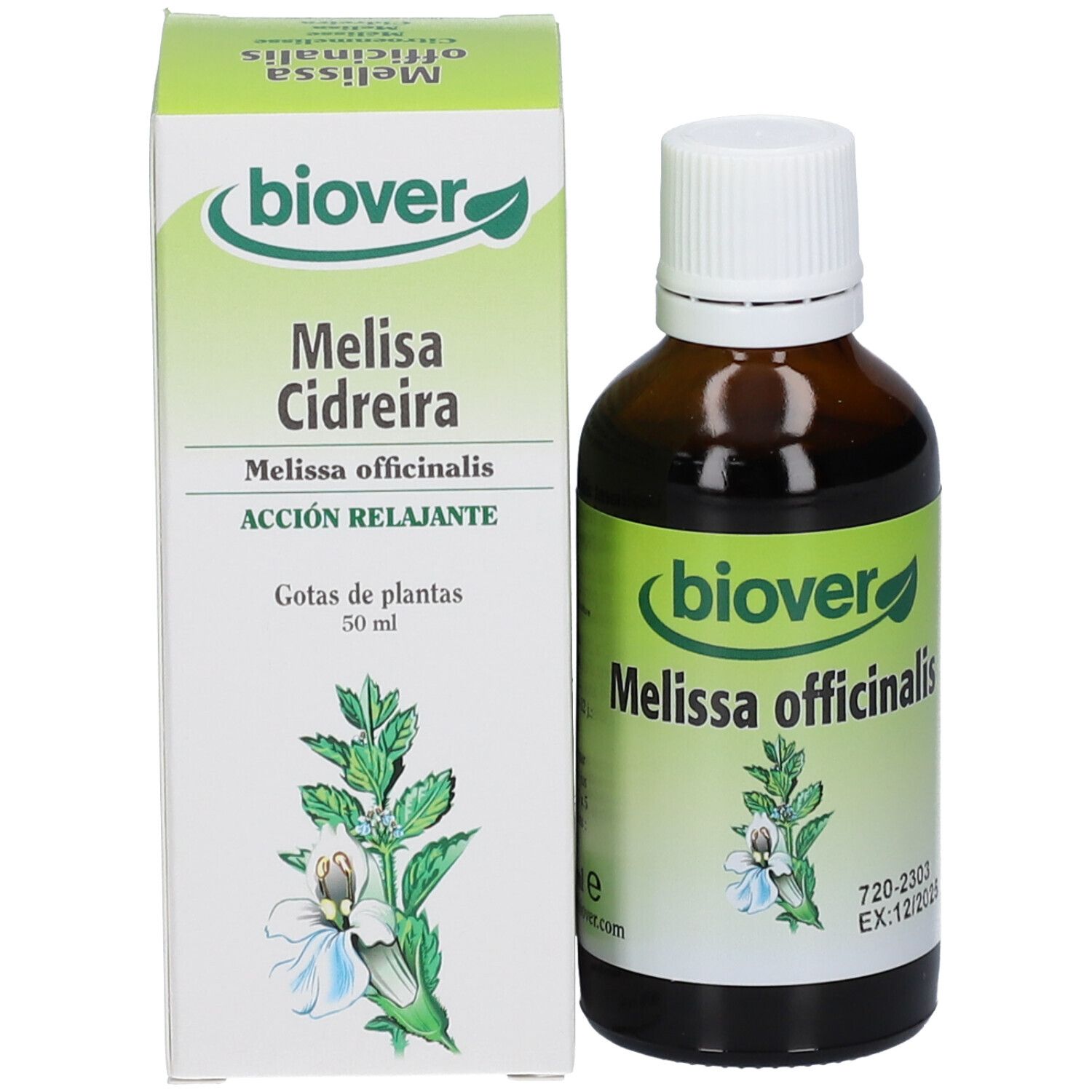 Productverpakking met fles. Fles: bruin glas, witte dop, etiket "Biover Melissa officinalis". Doos: groen-wit, tekst.