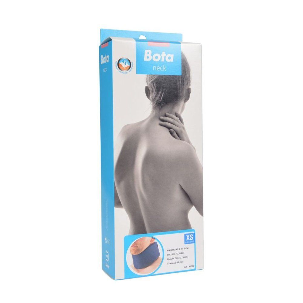 Verpakking voor nekbrace. Blauw-witte doos met productafbeelding en maat XS.