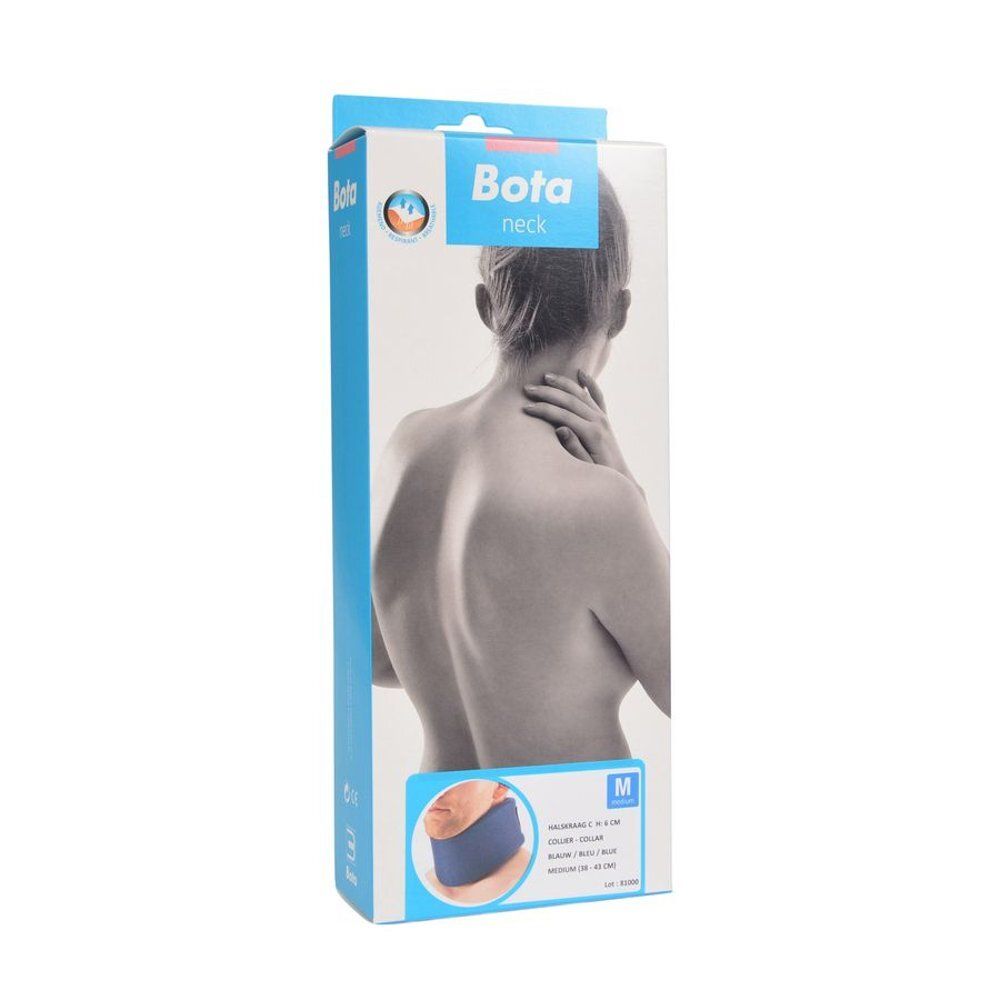 Verpakking van de Bota nekkraag. Productnaam en maat M. Afbeelding van de nekkraag.