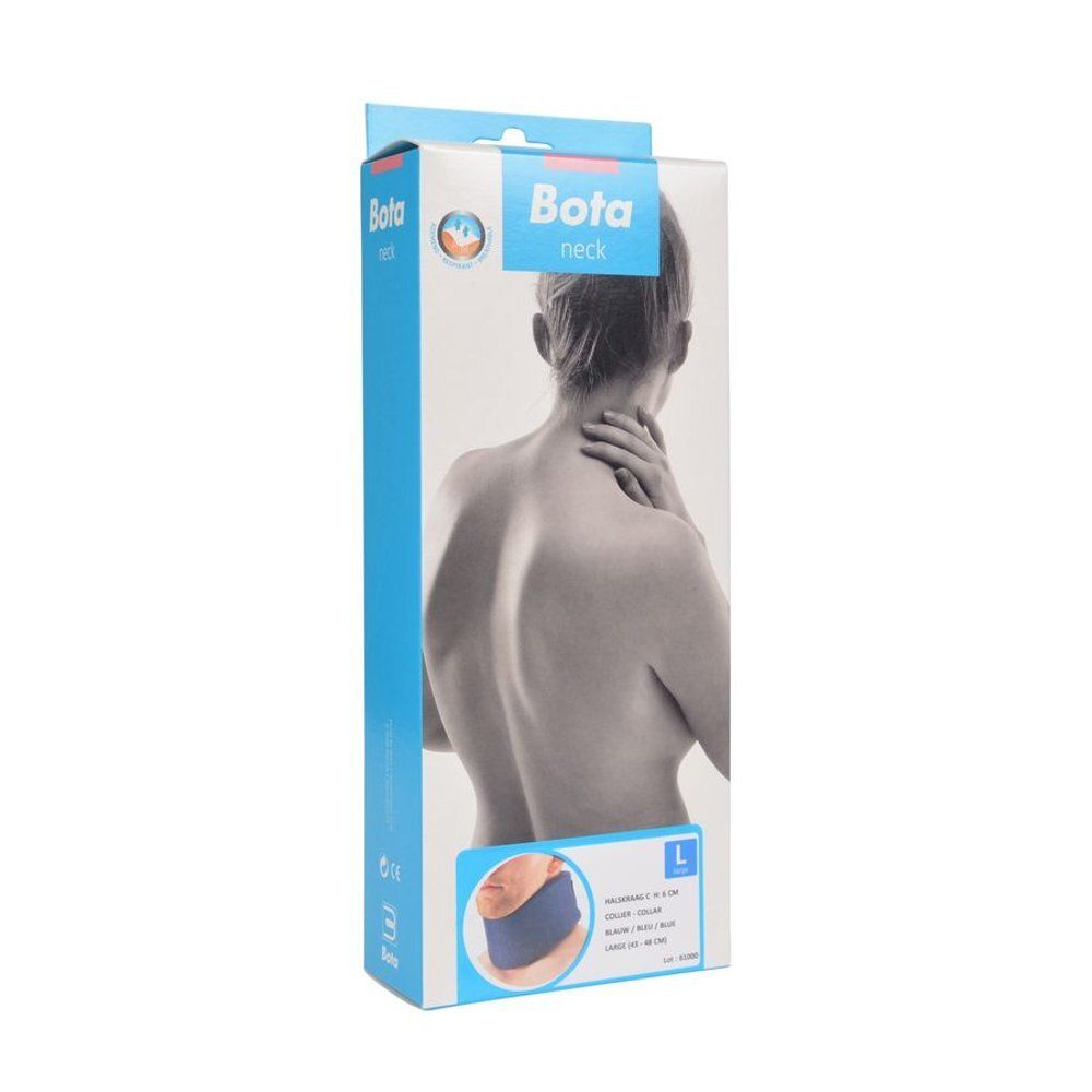 Collier cervical Bota, bleu. Personne de profil. Fermeture velcro noire.