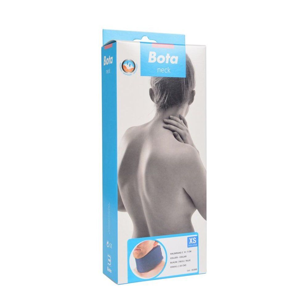 Emballage collier cervical Bota. Taille XS. Produit bleu visible.