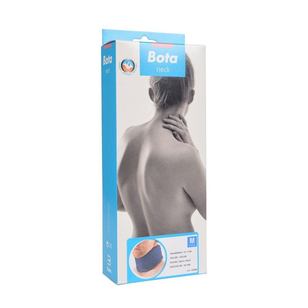Verpakking van de nekbrace. Merk Bota. Blauwe en witte verpakking. Maat M.