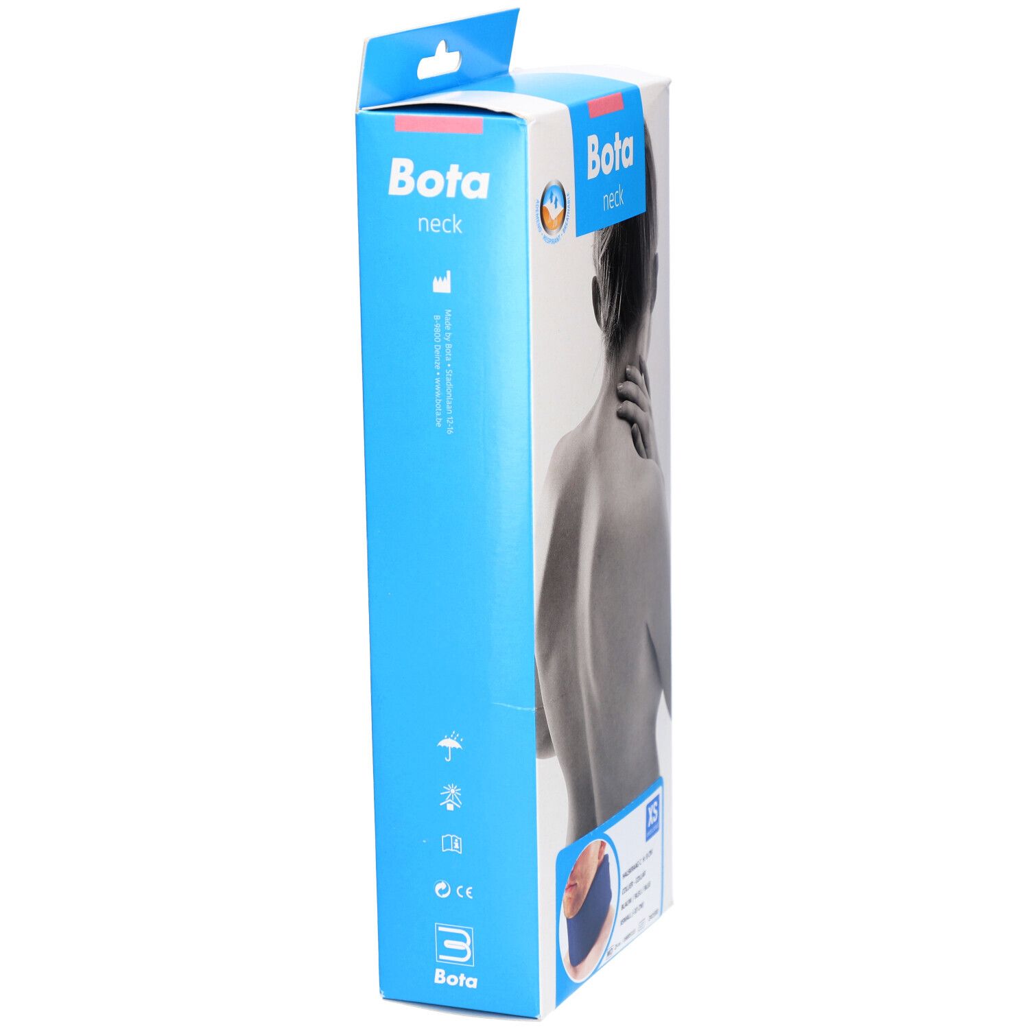 Zijaanzicht van de Bota nekkraagverpakking. Blauw-witte doos met productafbeelding en logo.