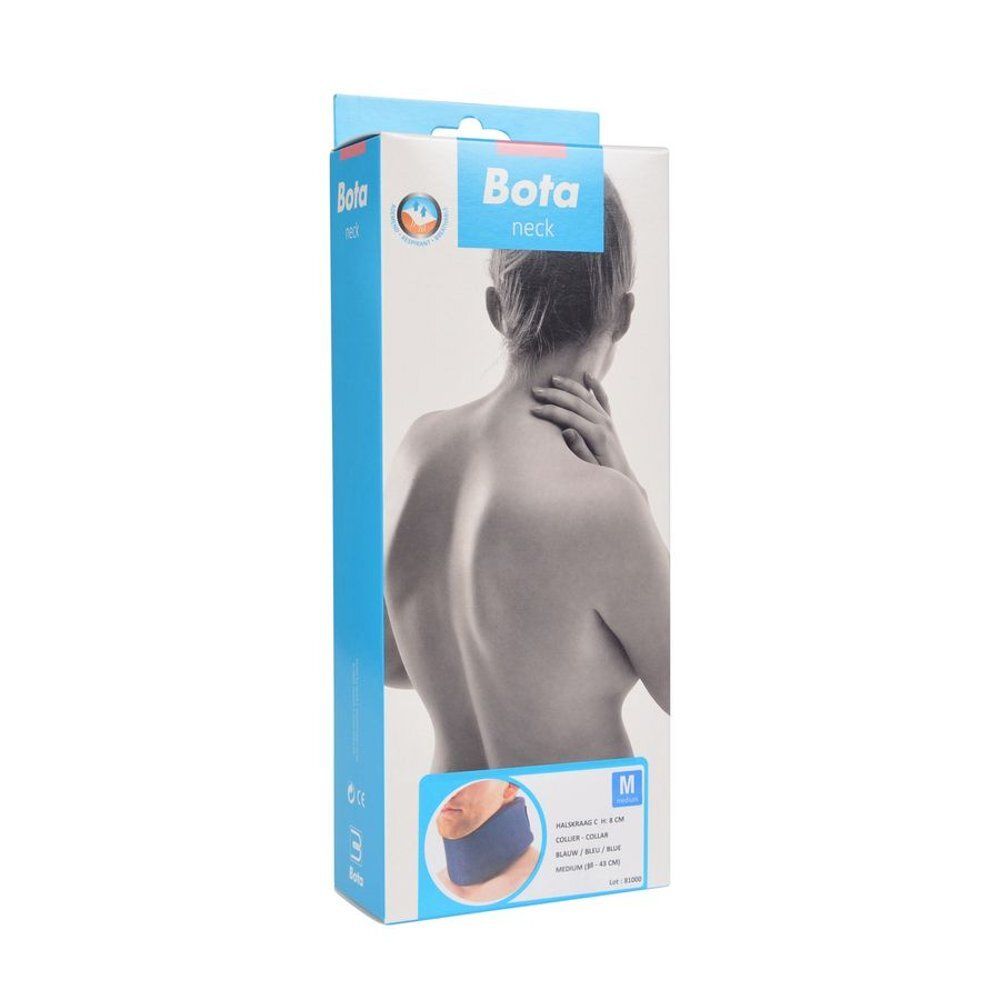 Verpakking Bota nekkraag. Vrouw raakt nek aan. Maat M, blauw.