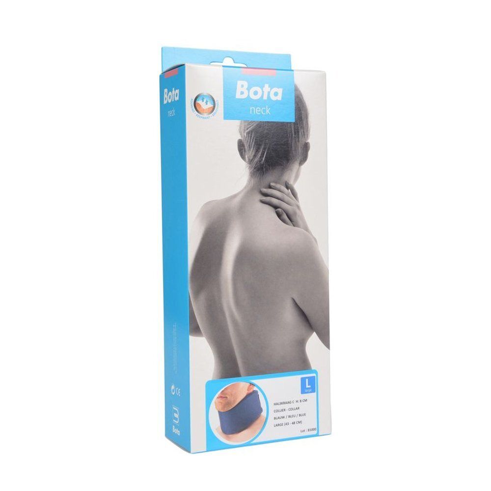 Emballage de collier cervical Bota. Boîte bleue et blanche avec image du produit et indication de taille.