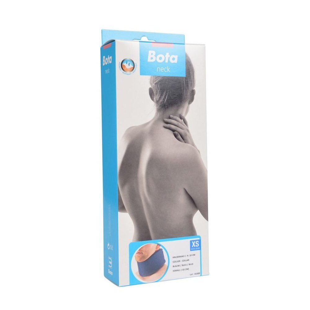 Emballage pour collier cervical Bota. Illustration d'une personne portant le collier. Taille XS.