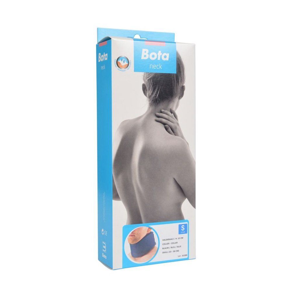 Verpakking van de nekbrace. Blauw-witte doos. Productnaam Bota. Maat S. Illustratie van het product.