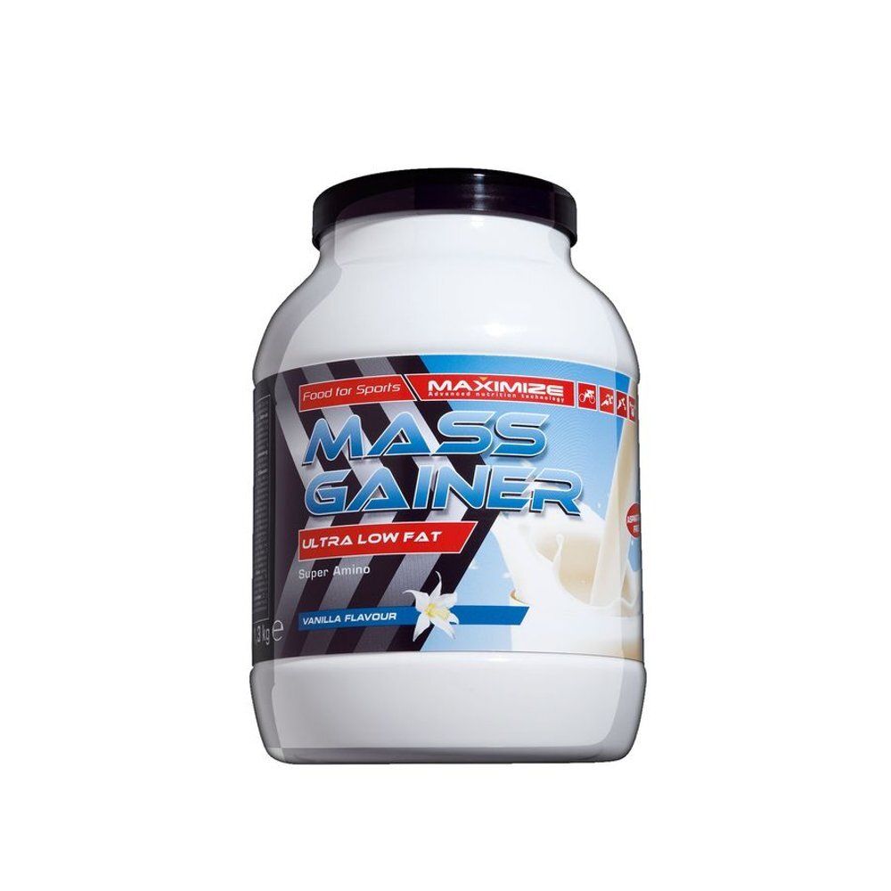Witte pot met zwarte deksel. Opschrift: Mass Gainer, Ultra Low Fat, vanillesmaak. Illustratie van een melkdrank.