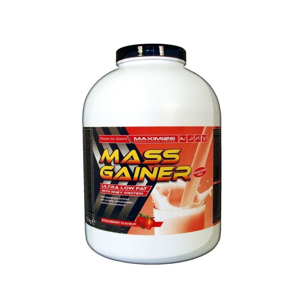 Récipient blanc avec couvercle noir. Inscription : Mass Gainer, Ultra Low Fat, goût fraise. Illustration de lait et de fraises.