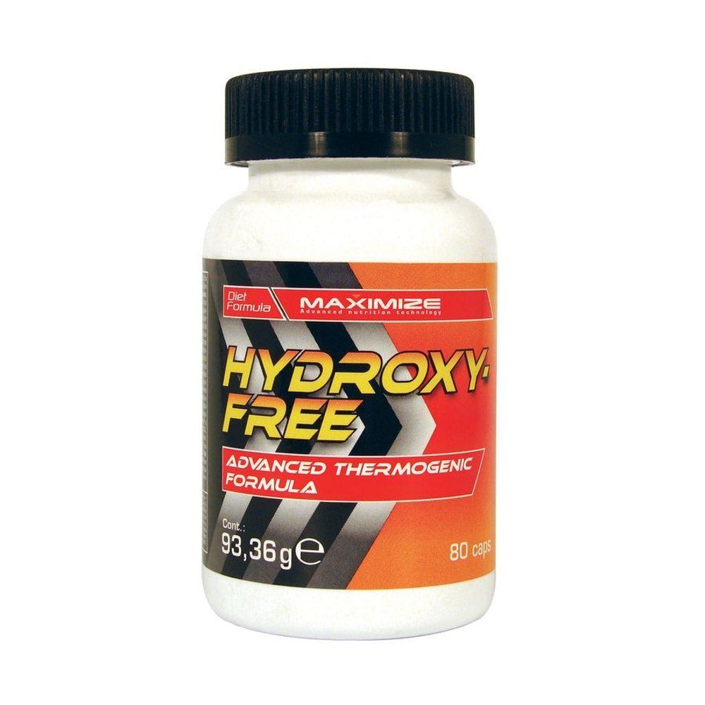 Witte fles met zwarte dop. Opschrift: MAXIMIZE HYDROXY FREE, Advanced Thermogenic Formula. Bevat 80 capsules.