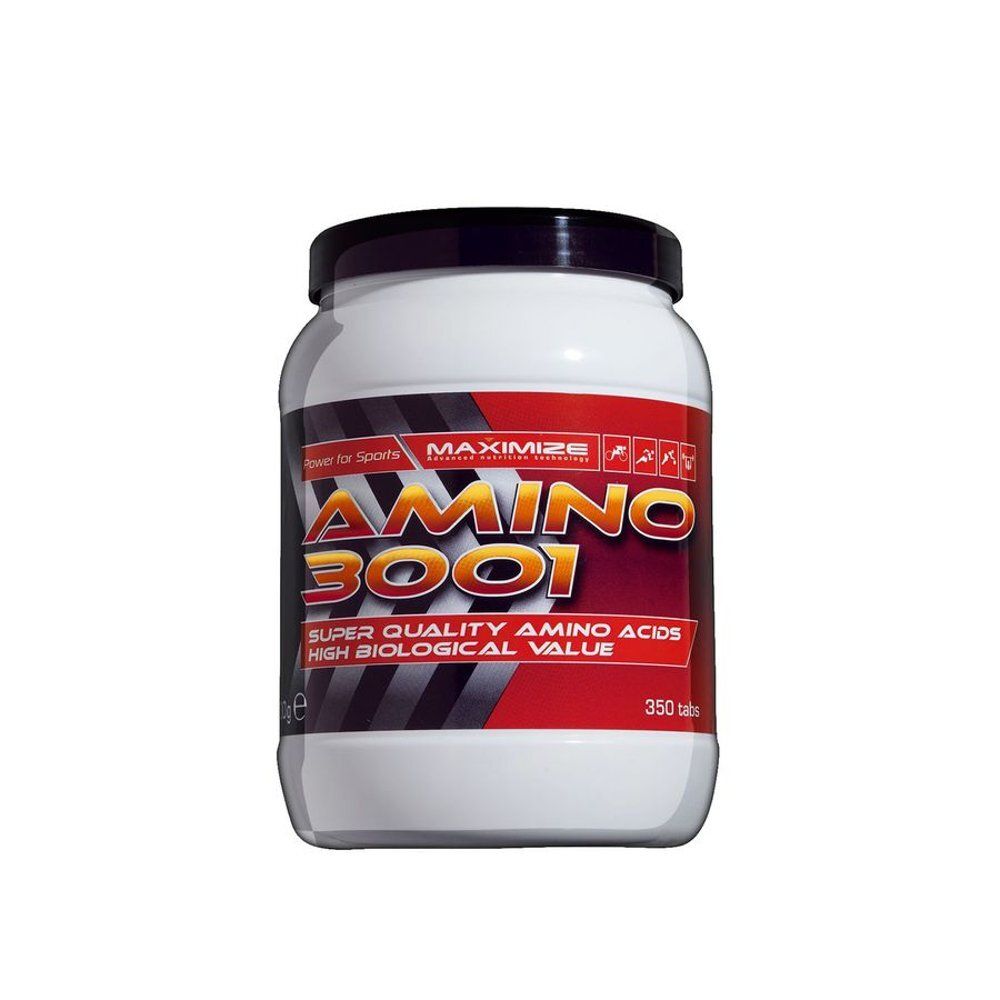 Pot de supplément blanc avec couvercle noir. Autocollant rouge avec texte : MAXIMIZE AMINO 3001, 350 comprimés. Acides aminés de qualité.
