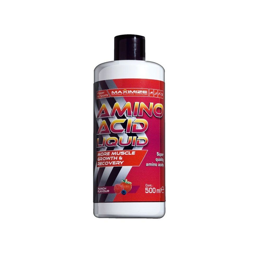Fles aminozuurvloeistof. Opschrift: MAXIMIZE AMINO ACID LIQUID. Bevat 500 ml. Smaak: Punch.