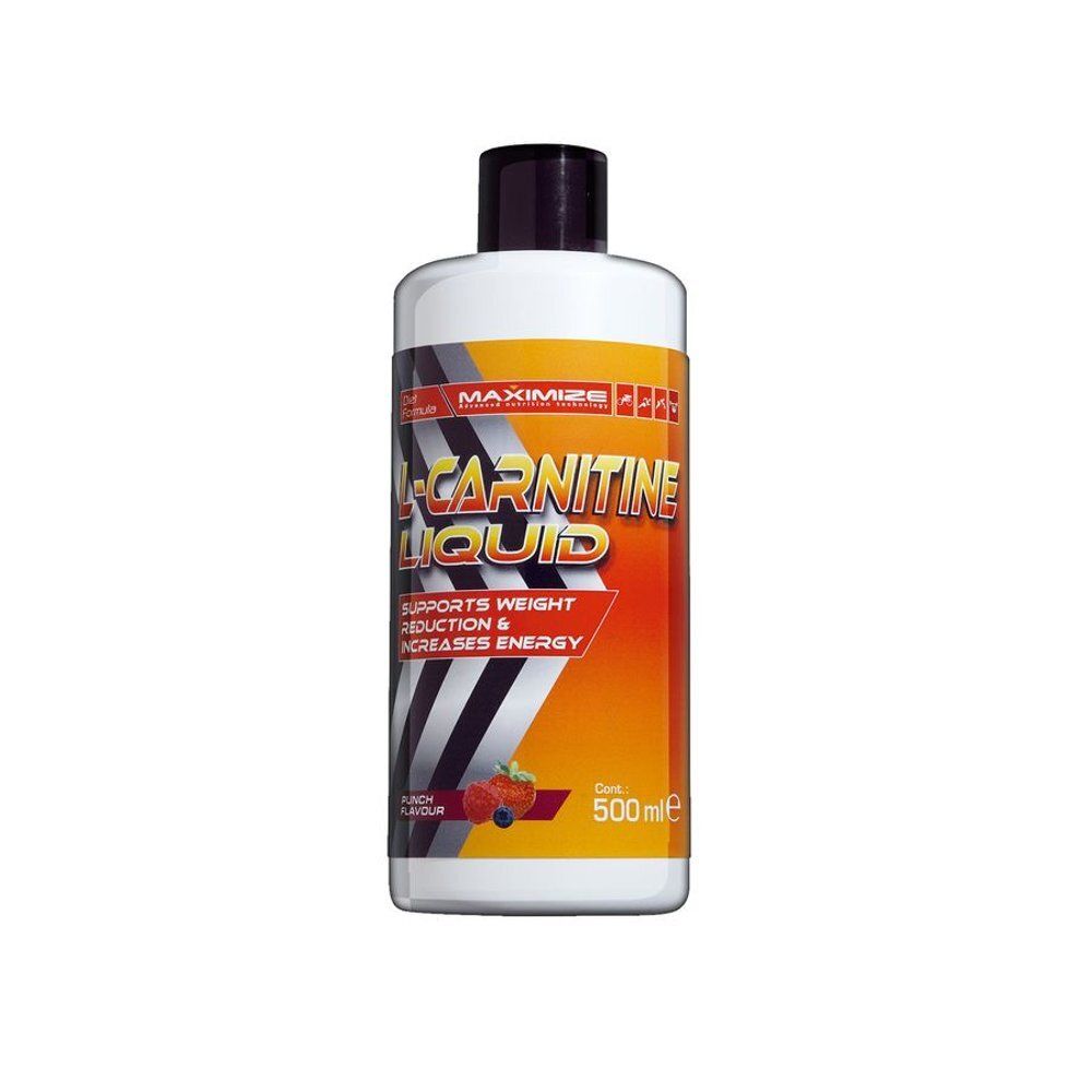 Vloeistof in fles. Opschrift: L-Carnitine Liquid. Ondersteunt gewichtsverlies en verhoogt energie. 500ml.
