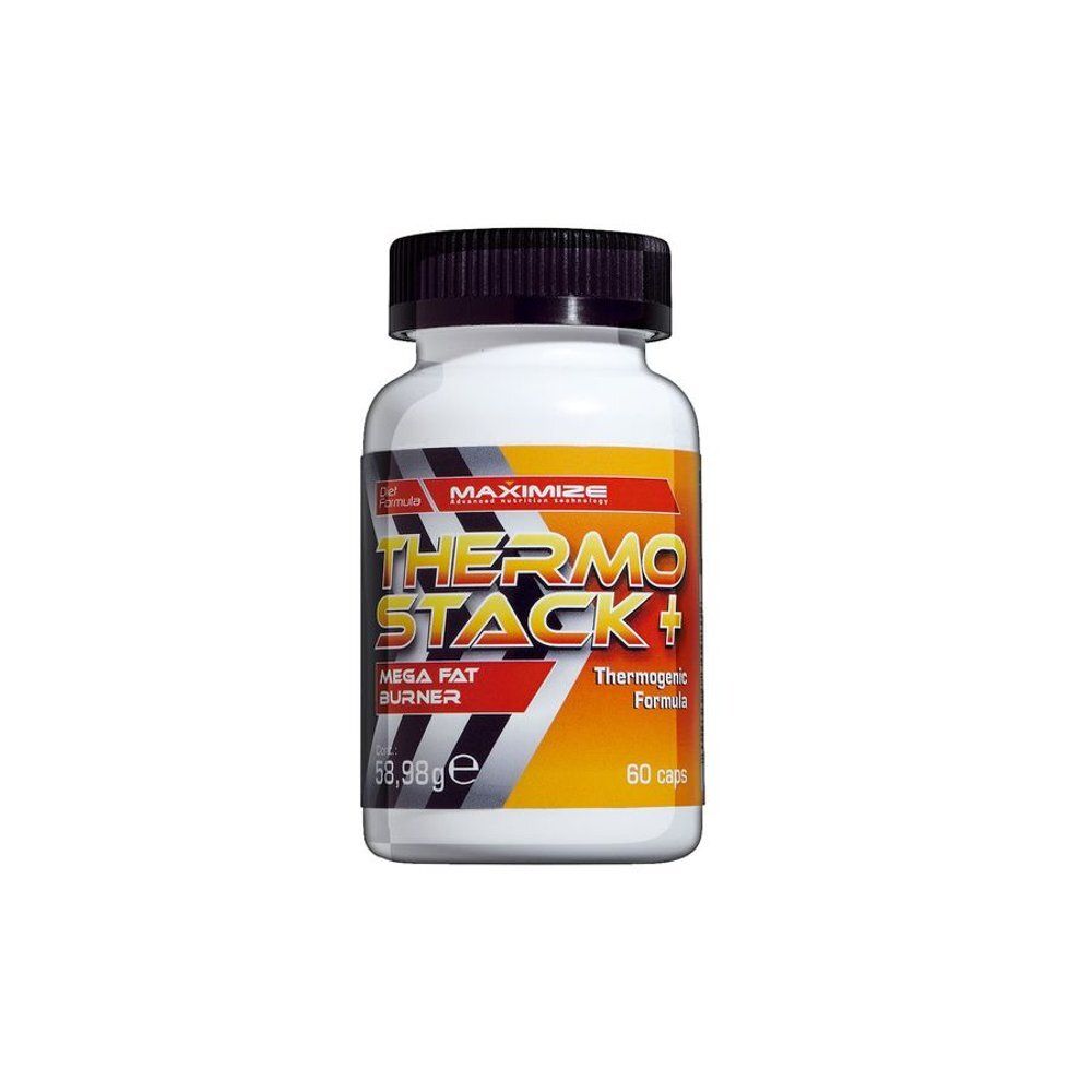 Witte fles met zwarte dop. Opschrift: Thermo Stack+. Bevat 60 capsules. Mega Fat Burner.