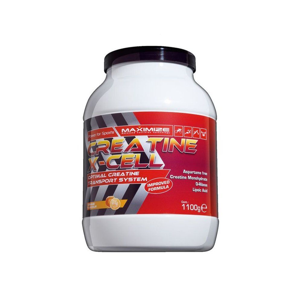 Witte supplementenpot met rood etiket. Opschrift: Creatine X-Cell, 1100g. Bevat creatine monohydraat.