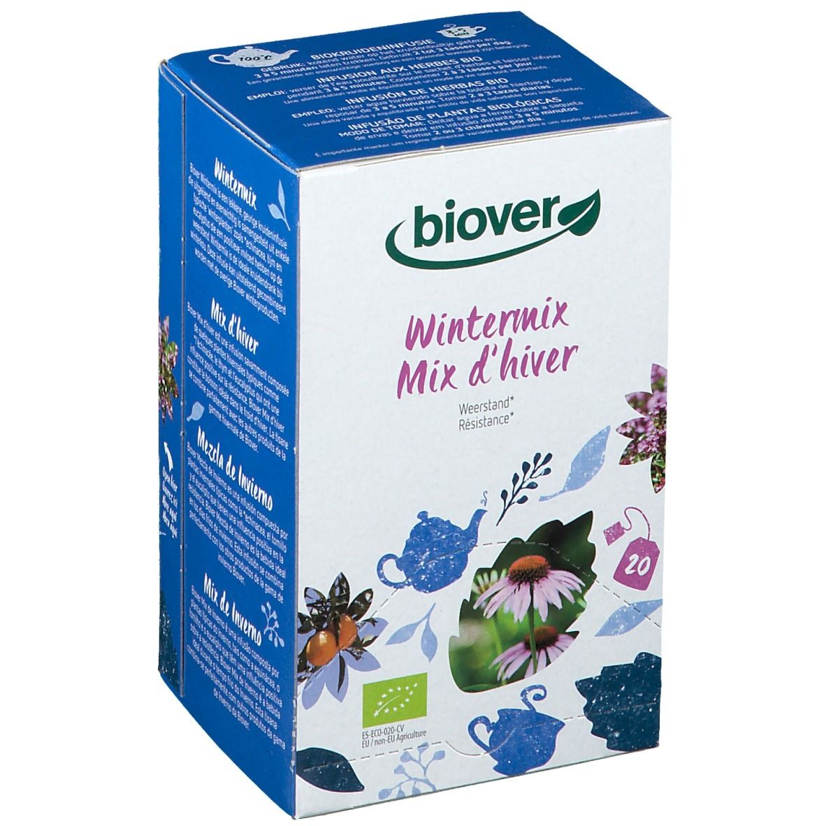Boîte de thé Biover Wintermix d'hiver. Illustrations florales, label bio et 20 sachets. Inscription en plusieurs langues.