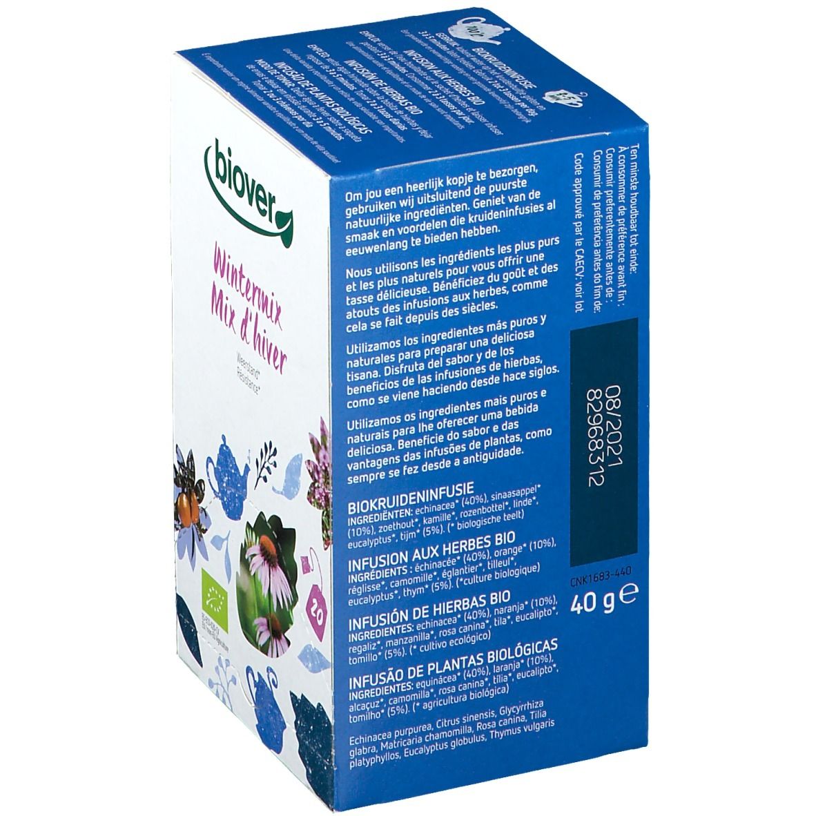 Dos de la boîte de thé Biover Wintermix d'hiver. Liste des ingrédients, numéro de lot, poids 40g et label bio.