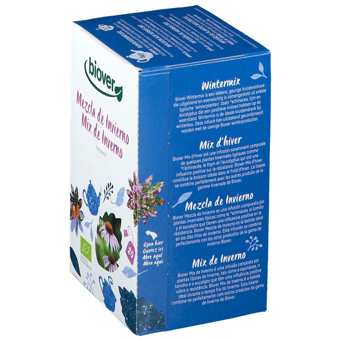 Côté de la boîte de thé Biover Wintermix d'hiver. Description du produit en plusieurs langues.