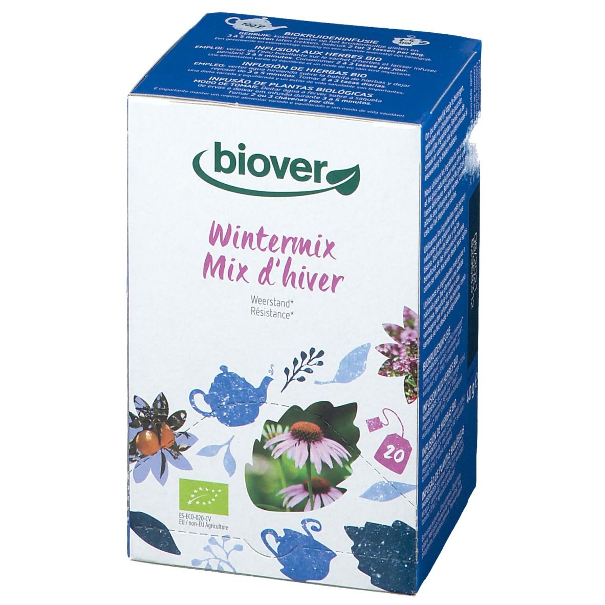 Boîte de thé Biover Wintermix d'hiver. Illustrations florales, label bio et 20 sachets. Inscription en plusieurs langues.