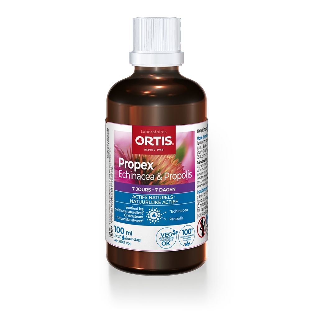 Bruine glazen fles met witte schroefdop, etiket met echinaceabloem en productinformatie.