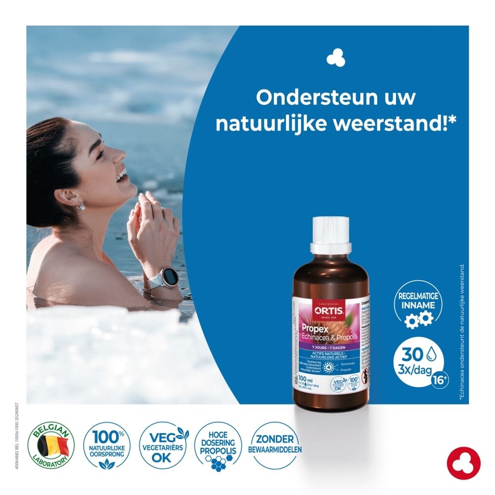 Bruine glazen fles met witte schroefdop, etiket met echinaceabloem en productinformatie.