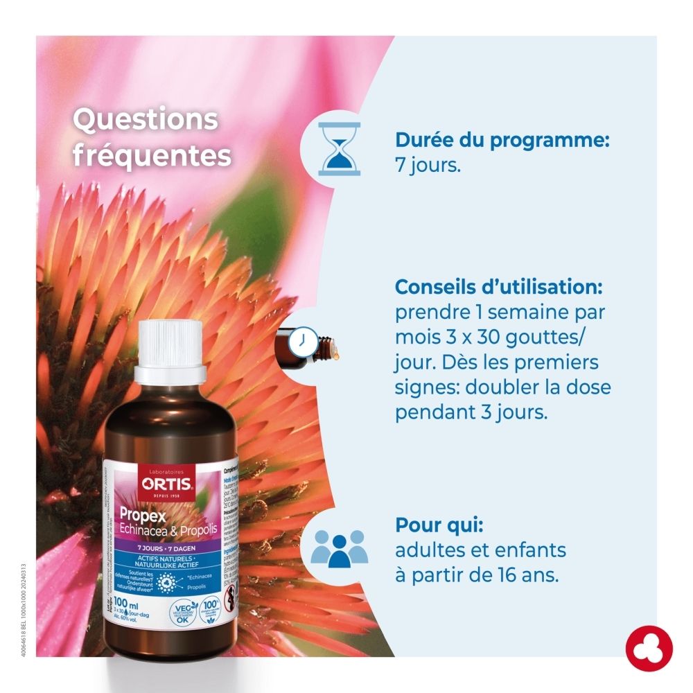 Bouteille en verre brun avec bouchon à vis blanc, étiquette avec fleur d'échinacée et informations produit.